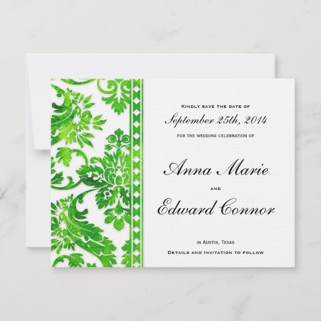 Emerald Green Vintage Damask Lace Save the Date (Front)