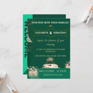 Emerald Green Vintage Floral Garden Wedding Invitation
