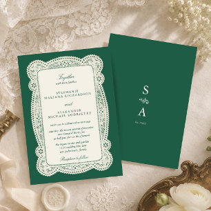 Emerald Green Vintage Lace Old Money Wedding Invitation