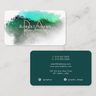 Emerald Green Watercolor Abstract Monogrammed Business Card