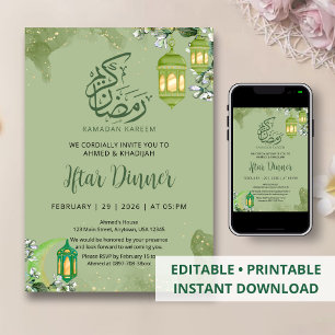 Emerald Green Watercolor and Gold Ramadan Iftar Invitation