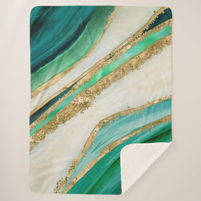 Emerald green watercolor and gold sherpa blanket (Front)