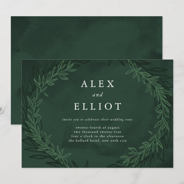 Emerald Green Watercolor Dramatic Laurels Wedding  Invitation (Front/Back)