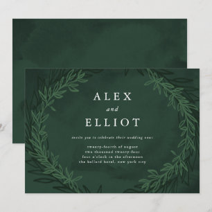 Emerald Green Watercolor Dramatic Laurels Wedding Invitation