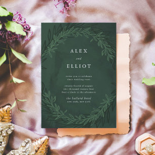 Emerald Green Watercolor Dramatic Laurels Wedding Invitation