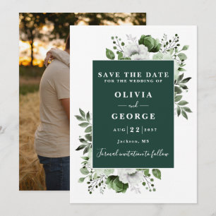 Emerald Green Watercolor Floral Photo Wedding Save The Date