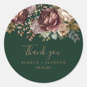 Emerald green Watercolor floral Wedding Thankyou  Classic Round Sticker
