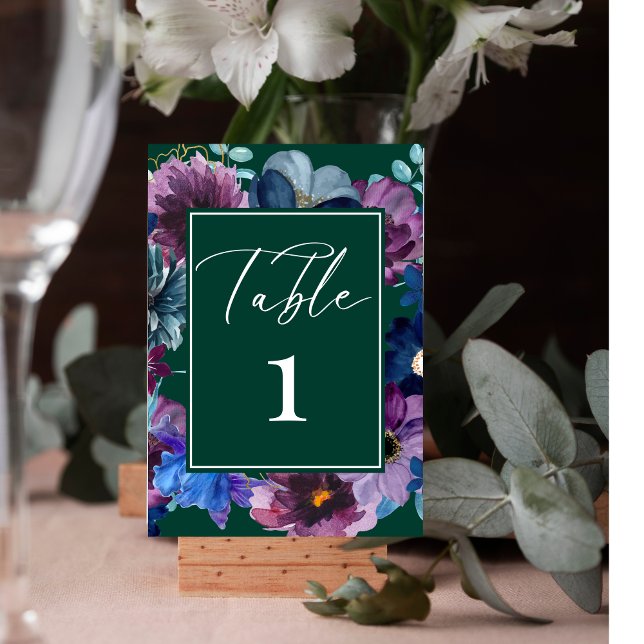 Emerald green watercolor floral Winter Wedding Table Number (Creator Uploaded)