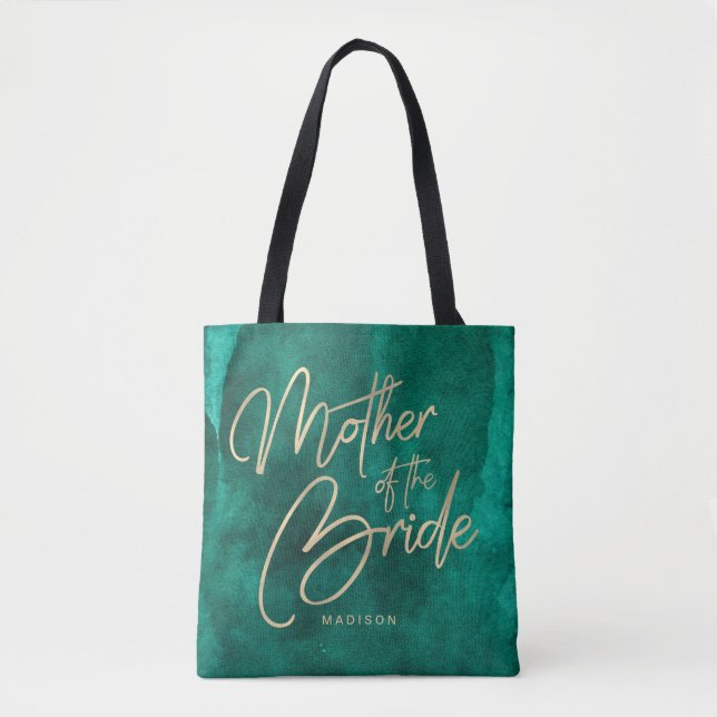 Emerald Green Watercolor Gold Mother of the Bride Tote Bag (Front)
