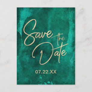 Emerald Green Watercolor & Gold Save the Date Announcement Postcard