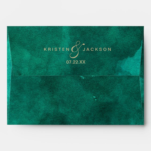 Emerald Green Watercolor & Gold Wedding Monogram Envelope (Back (Top Flap))