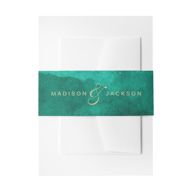 Emerald Green Watercolor & Gold Wedding Monogram Invitation Belly Band (Front Example)