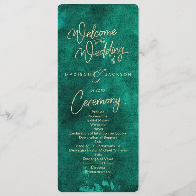Emerald Green Watercolor & Gold Wedding Program Programme (Front)
