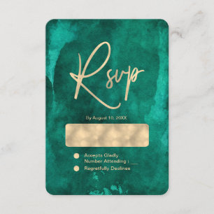 Emerald Green Watercolor & Gold Wedding RSVP Card
