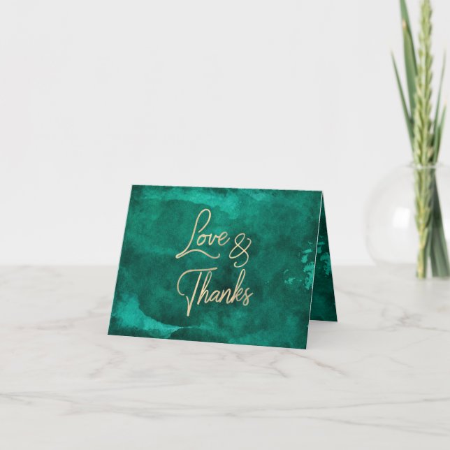 Emerald Green Watercolor & Gold Wedding Thank You (Front)