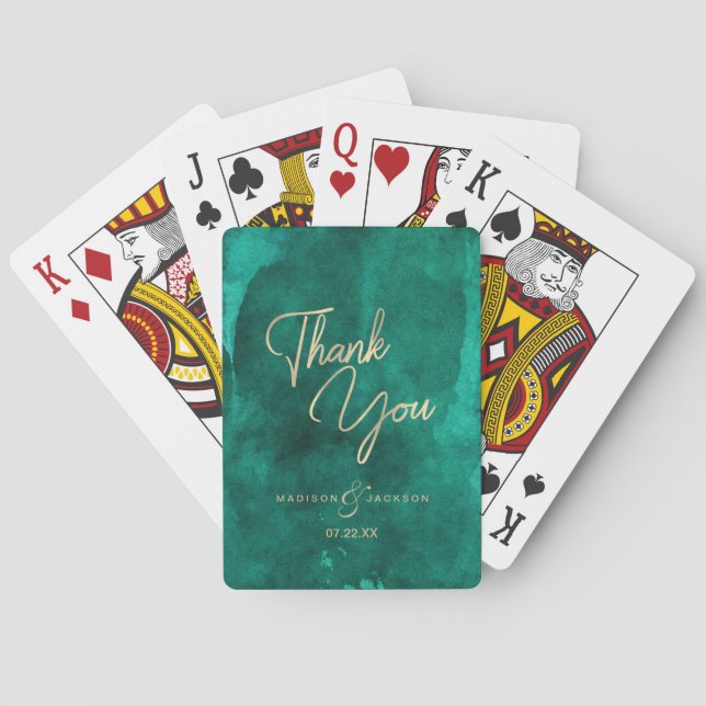 Emerald Green Watercolor & Gold Wedding Thank You Playing Cards (Back)