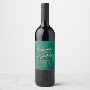 Emerald Green Watercolor & Gold Wedding Welcome Wine Label