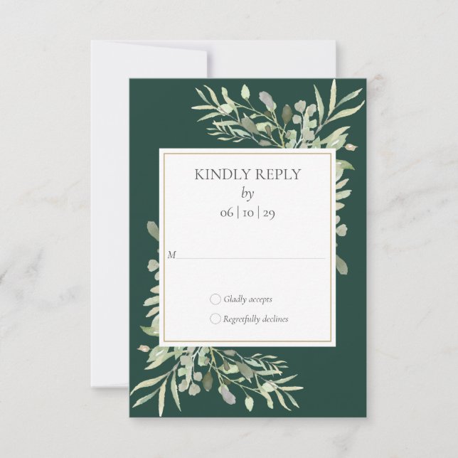 Emerald Green Watercolor Greenery Gold Wedding RSVP Card (Front)