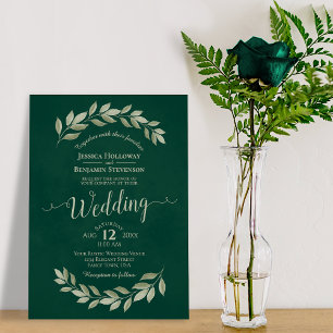 Emerald Green Watercolor Laurel Leaves Wedding Invitation