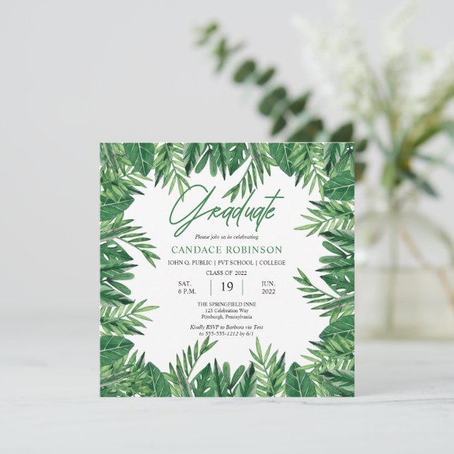 Emerald Green Watercolor Leaves Graduation Party Invitation (Standing Front)