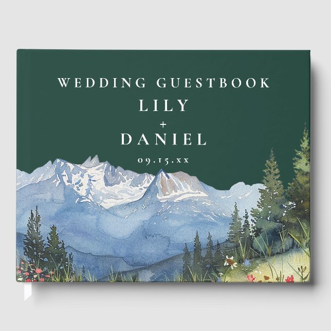 Emerald Green Watercolor Mountain Wedding Photo Guest Book (Front)