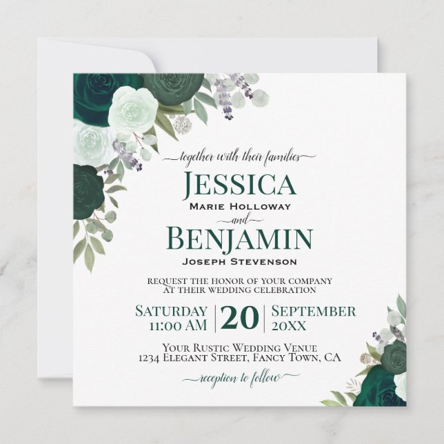 Emerald Green Watercolor Roses Elegant Wedding Invitation (Front)