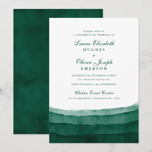 Emerald Green Watercolor Wedding Invitations (Front/Back)