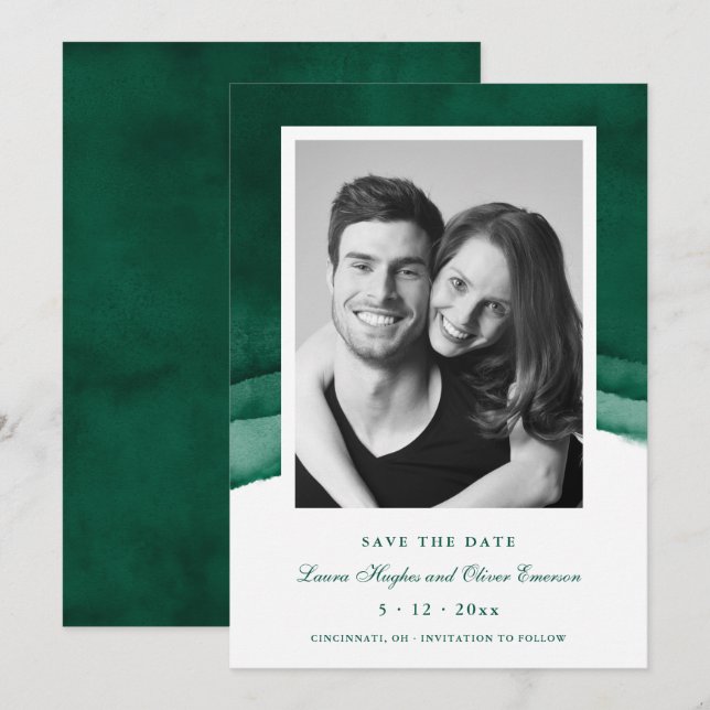 Emerald Green Watercolor Wedding Save the Date Invitation (Front/Back)
