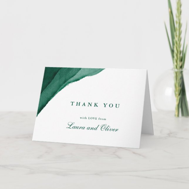 Emerald Green Watercolor Wedding Thank You Cards (Front)