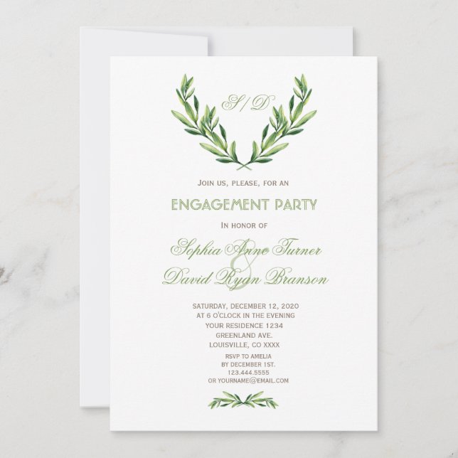 Emerald Green Watercolor Wreath Engagement Party Invitation (Front)