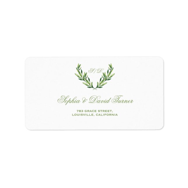 Emerald Green Watercolor Wreath Wedding Label (Front)