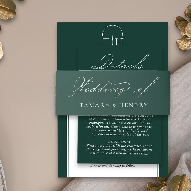 Emerald Green Wedding Elegant Calligraphy Invitation Belly Band (Elegant wedding invitation belly bands in emerald green from my Wedding Colors collection)
