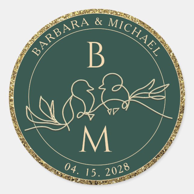 Emerald Green Wedding Monogram Classic Round Sticker (Front)