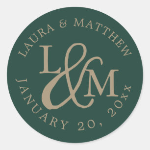 Emerald Green Wedding Monogram Classic Round Sticker