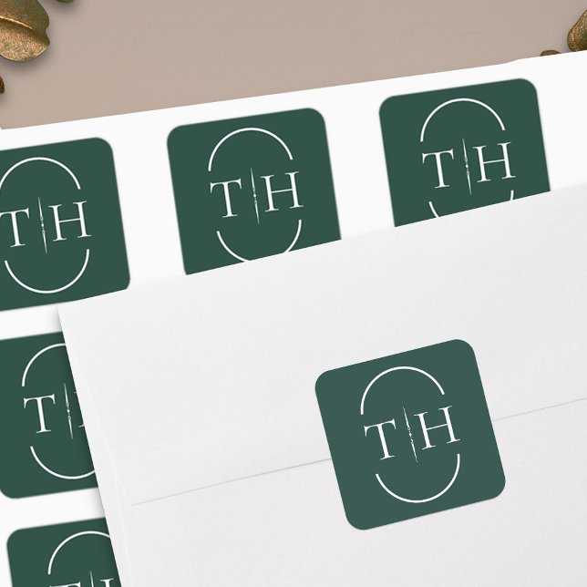 Emerald Green Wedding Monogram in Oval Frame Square Sticker (Monogrammed wedding stickers in emerald green from my Wedding Colors collection)