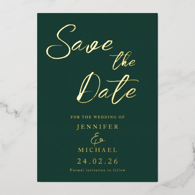 Emerald Green Wedding Save The Date Gold (Front)