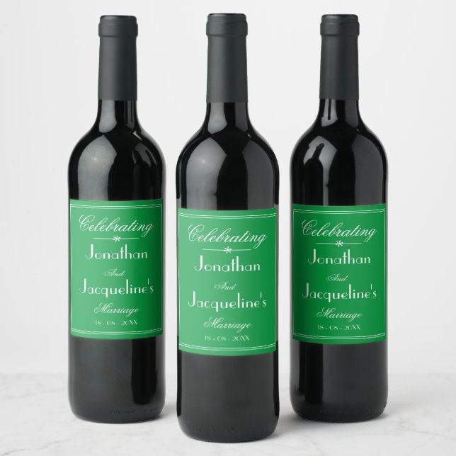 Emerald Green Wedding Simple White Script Details Wine Label (Bottles)
