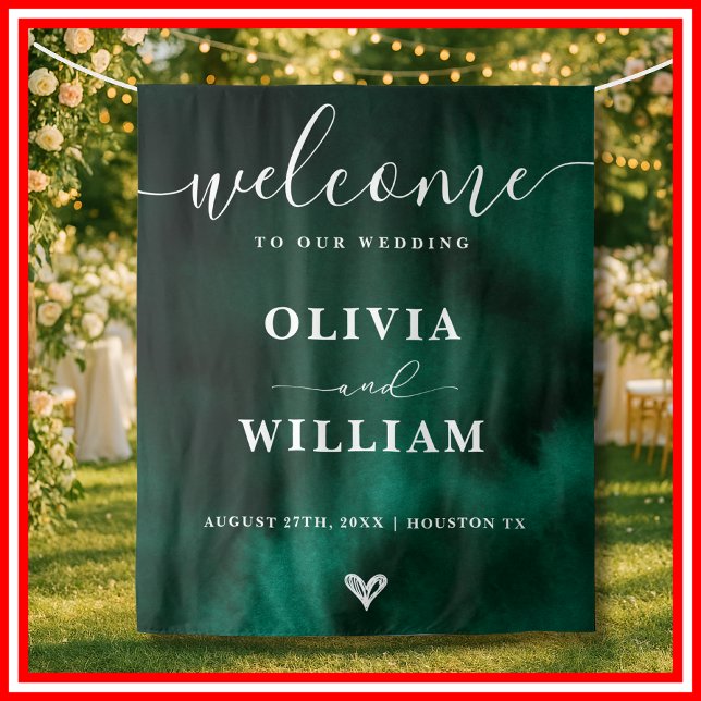 Emerald Green Wedding Welcome Sign Backdrop Tapestry (Creator Uploaded)