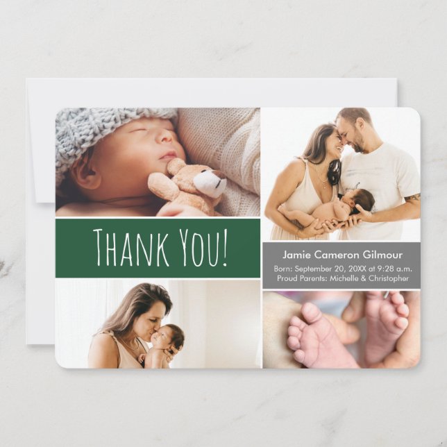 Emerald Green Welcome Home Baby boy Photo Collage Thank You Card (Front)