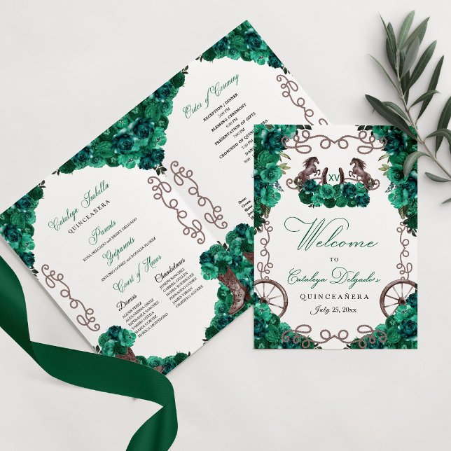 Emerald Green Western Charro Quinceañera Program Invitation (Creator Uploaded)