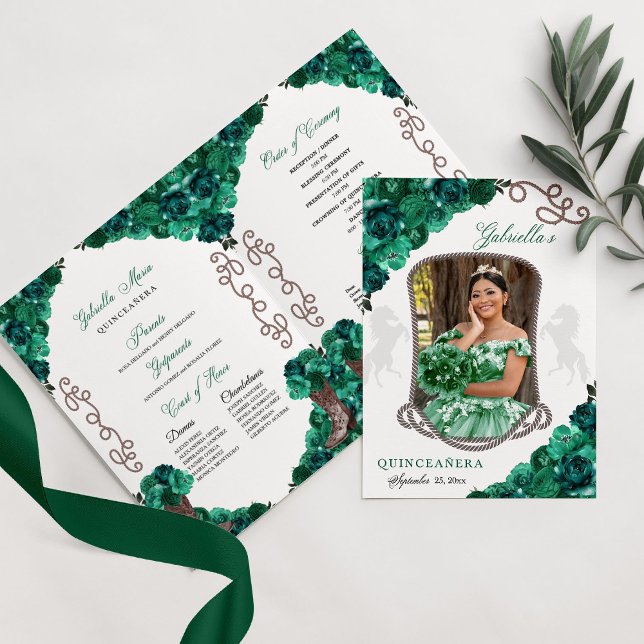 Emerald Green Western Charro Quinceañera Program Invitation (Creator Uploaded)