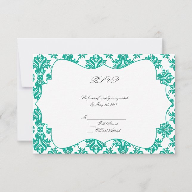 Emerald Green White Damask Wedding Response Card (Front)