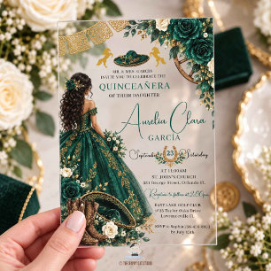 Emerald Green White Floral Charro Quinceanera Acrylic Invitations