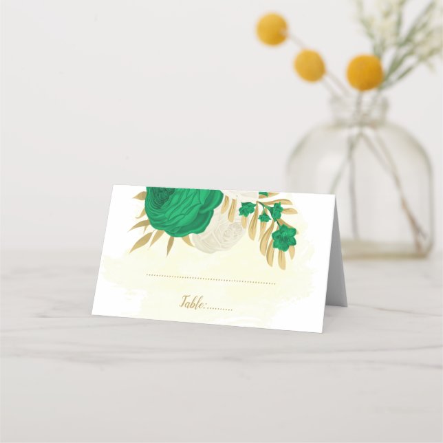 emerald green & white flowers botanical wedding place card (Front)