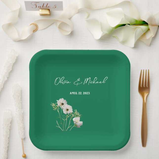Emerald green White flowers Wedding Paper Plates (Wedding)