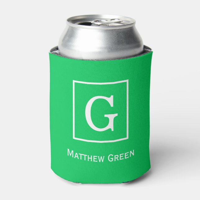 Emerald Green White Framed Initial Monogram Can Cooler (Can Front)