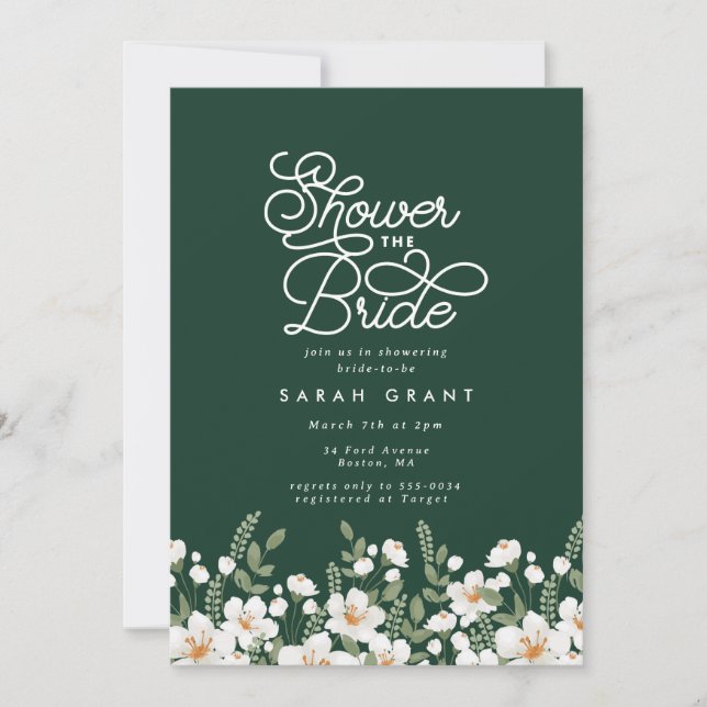 Emerald Green White Fresh Flowers Bridal Shower Invitation (Front)