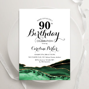 Emerald Green White Gold Agate 90th Birthday Invitation