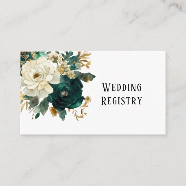 Emerald Green White Gold Peonies Wedding Registry Enclosure Card (Front)