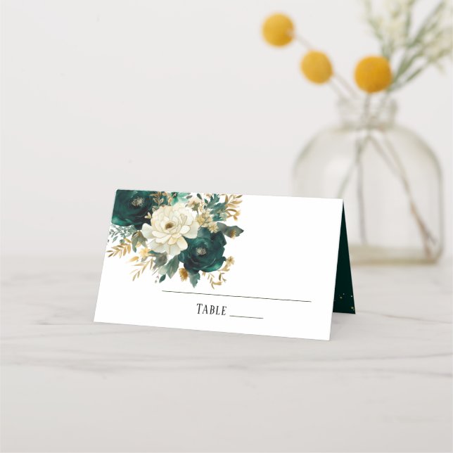 Emerald Green White Gold Peonies Wedding Table Place Card (Front)